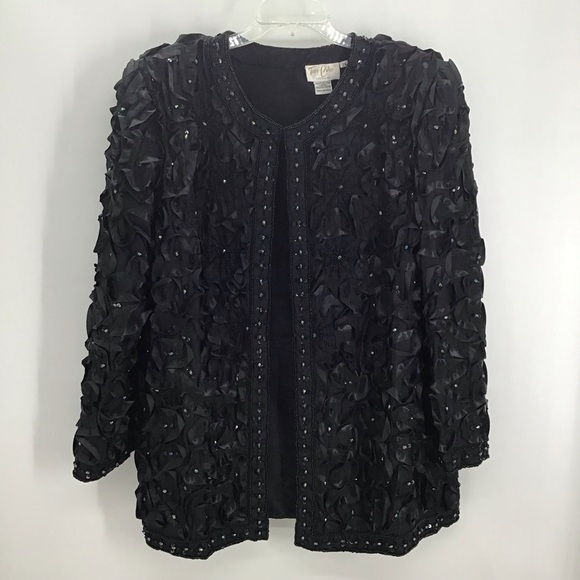 Tan Chho Vintage Beaded Sequined Silk Jacket Ribboned Detail Party Blk Size 2X - Picture 1 of 6